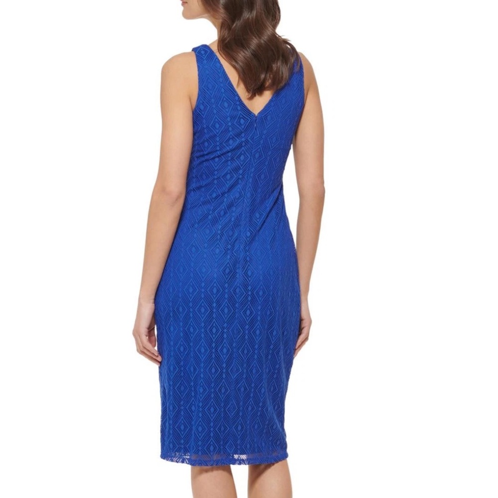 New Guess Blue Geometric Lace Sheath Midi Dress Size 14 - Picture 3 of 17